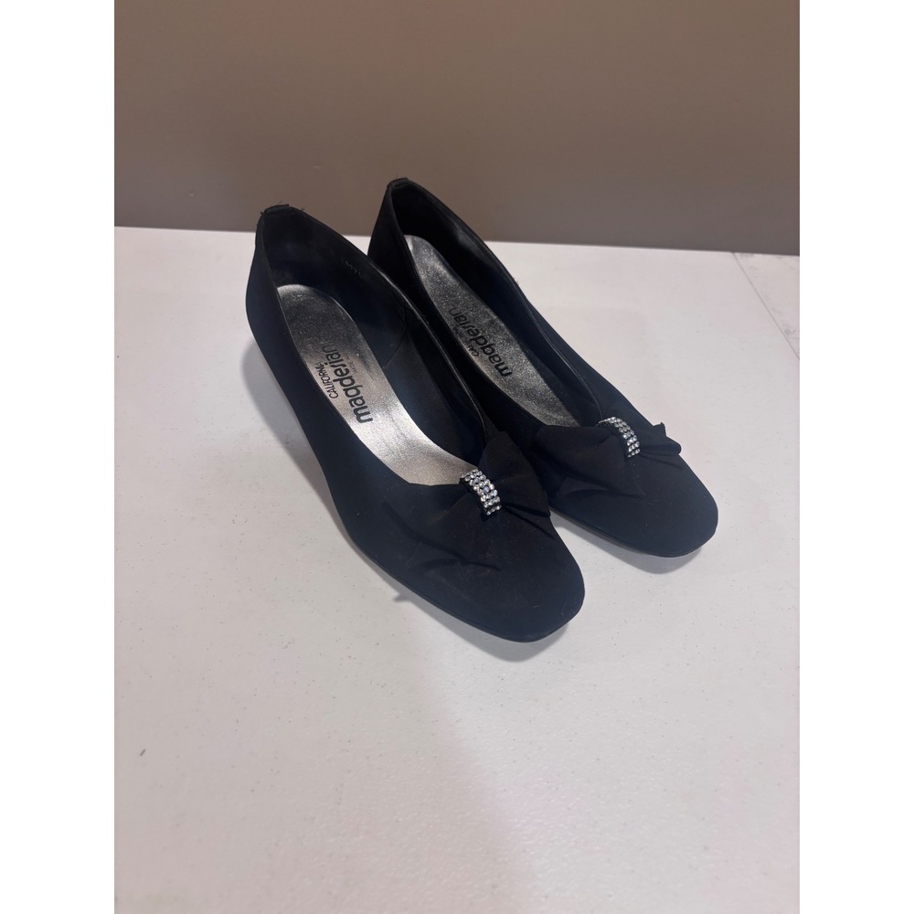California Magdesians Black Fabric Bow Rhinestone Square Toe Block Heel Pumps 8N